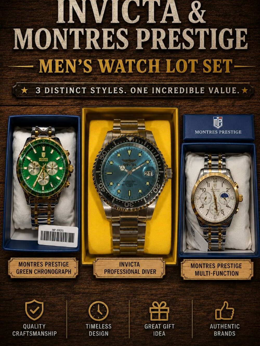 (Set of 3) Invicta & Montres Prestige (by Invicta) men's watch lot
